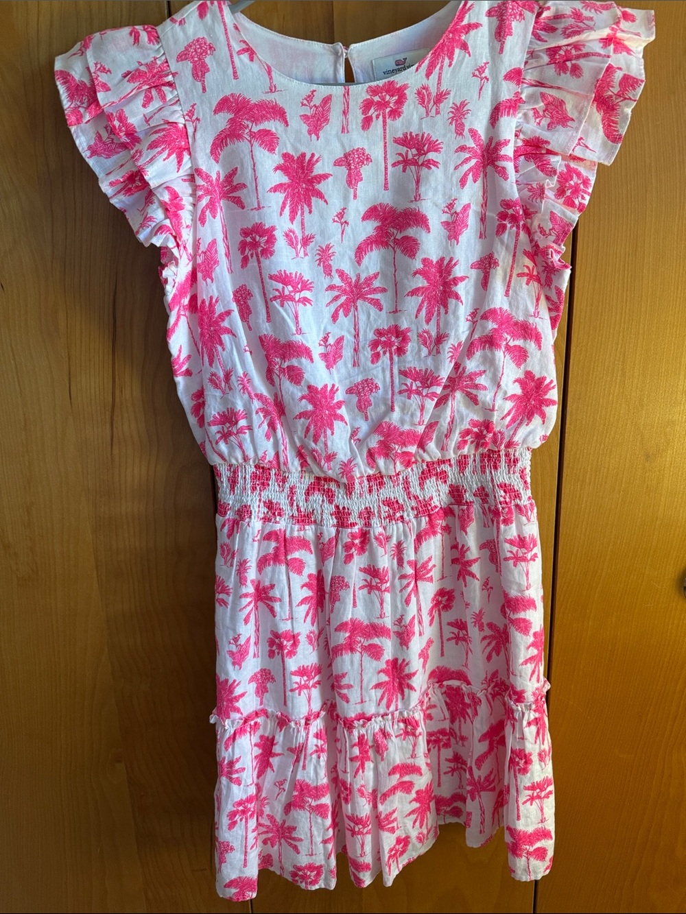 Vineyard Vines White Mini Dress with Hot Pink Palm Print and Ruffle Sleeves